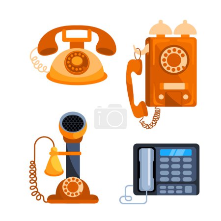 Ilustración de Evolución del teléfono de viejos teléfonos antiguos, teléfonos celulares. Varios viejos teléfonos de cable para llamar - Imagen libre de derechos