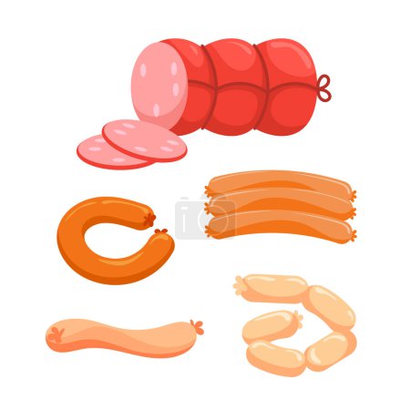 Meat products set. Sausages with slices. Whole and sliced farm meat products