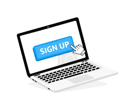 Sign UP text on Laptop screen with a red button . Button with pointer clicking. Finger Pressing.