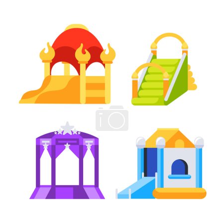 Aufblasbare Kinderhügel und Burgen auf dem Spielplatz. Kinderaktivität im Park