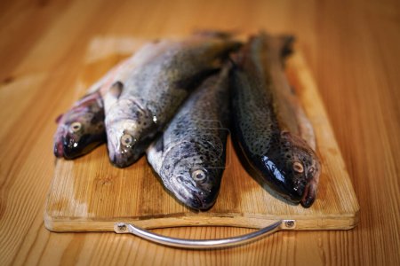 Fresh trouts on the wooden board.
