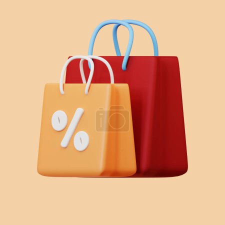 Téléchargez les photos : 3 d illustration de sacs à provisions et des rabais sur un fond beige. - en image libre de droit