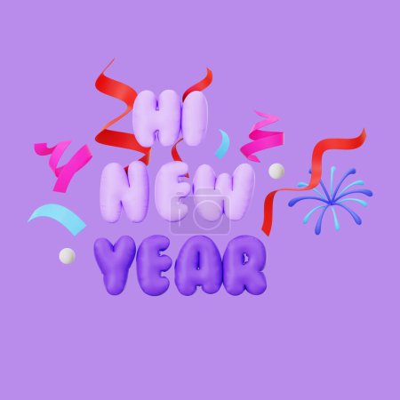 Téléchargez les photos : Salut Nouvel An ! lettrage sur fond violet, design coloré avec confettis - en image libre de droit
