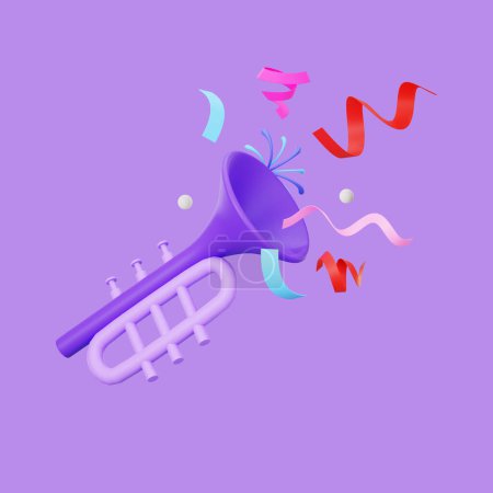 Téléchargez les photos : Fête musicale. illustration de dessin animé, trompette et confettis sur fond violet - en image libre de droit