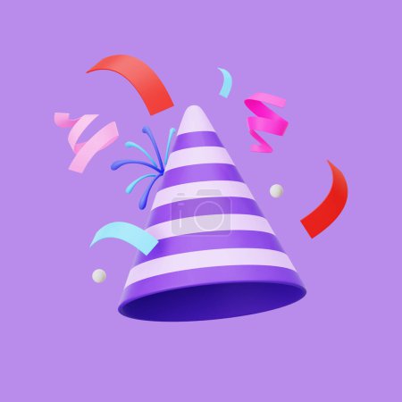 Foto de Sombrero de cumpleaños con confeti sobre fondo púrpura - Imagen libre de derechos