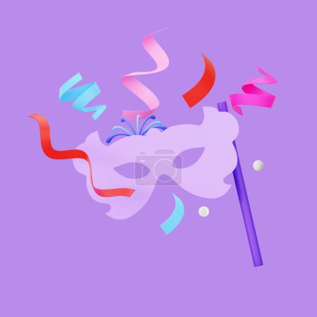Téléchargez les photos : Illustration de fête design. confettis et masque de carnaval sur fond violet - en image libre de droit