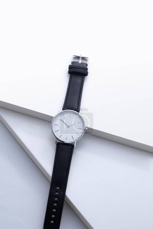 Photo for Men's watch with leather strap and white dial, isolated on a white background - Royalty Free Image