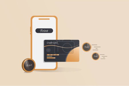 Illustration for Executive credit card with phone screen and coin point. Point promo concept - Royalty Free Image
