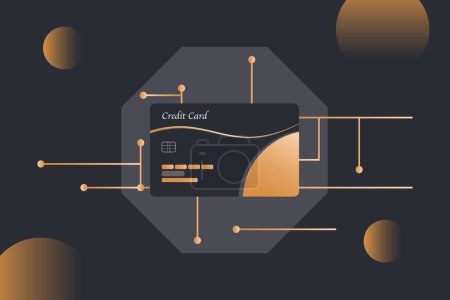 Ilustración de Tarjeta de crédito se muestra con un fondo negro y acentos de oro y circuito digital - Imagen libre de derechos