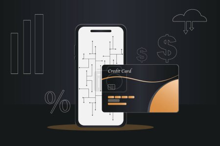 Ilustración de Teléfono celular y tarjeta de crédito se muestran en un fondo negro - Imagen libre de derechos