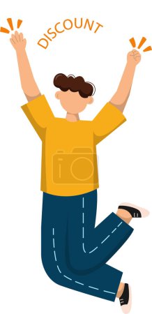 Illustration for Cartoon vector illustration of man jumping and hands up and the inscription discount between the hands - Royalty Free Image