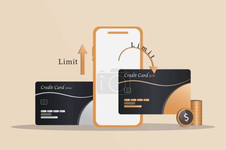 Ilustración de Un teléfono celular está mostrando una tarjeta de crédito y el límite - Imagen libre de derechos