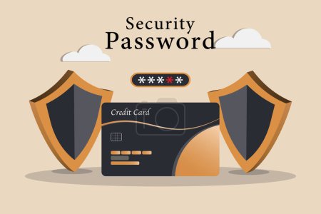 Illustration for A security password is shown with a credit card and two shields - Royalty Free Image