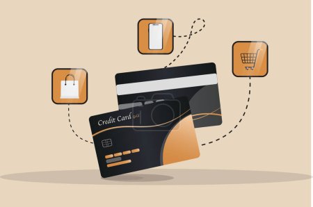 Ilustración de Una tarjeta de crédito con un carrito de compras y un teléfono - Imagen libre de derechos