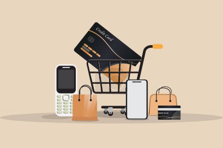 Illustration for A shopping cart full of items including a credit card, cell phone, and wallet - Royalty Free Image