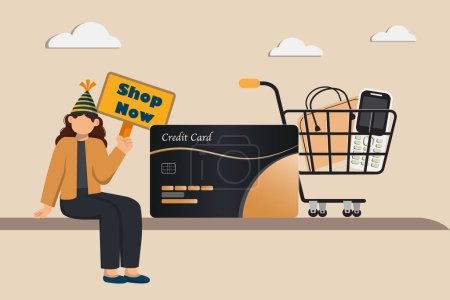 Illustration for A woman is sitting on the ground holding a sign that says "Shop Now" - Royalty Free Image