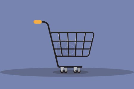 Illustration for A shopping cart with a handle is shown on a blue background - Royalty Free Image