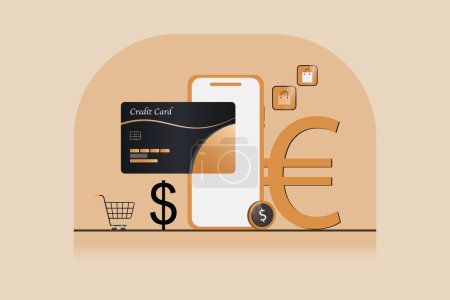 Ilustración de Una tarjeta de crédito se muestra junto a un teléfono celular y un carrito de compras - Imagen libre de derechos