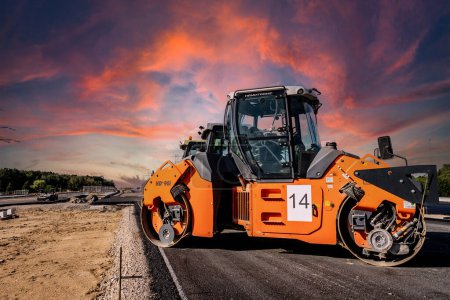 Photo for Roller. Road building. Highway construction and machines used for construction. Excavator, bulldozer, roller - Royalty Free Image
