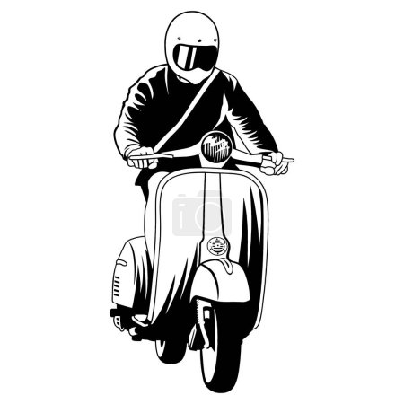Ilustración de Clásico scooter rider con casco blanco y negro vista frontal arte - Imagen libre de derechos