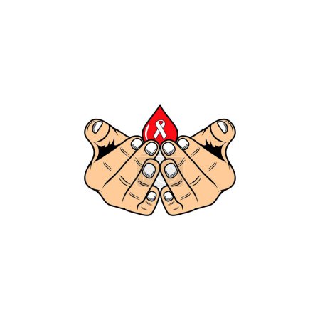 Hände, die einen Blutstropfen mit einem Band halten, das die Vektorillustration für Hiv-Hilfsmittel symbolisiert