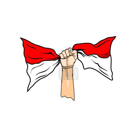 right hand holds up the Indonesian flag upwards vector illustration