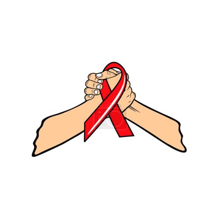 zwei umeinander geballte Hände mit einem roten Band, das die Vorbeugung und den Schutz des Hiv-Aids-Vektors symbolisiert