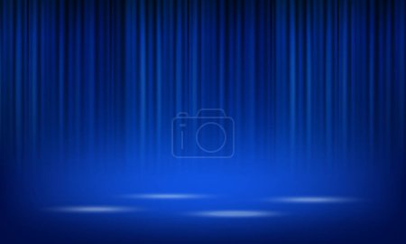 Vector realistic blue theatrical closed curtain of shiny material with reflection on stage floor vector illustration