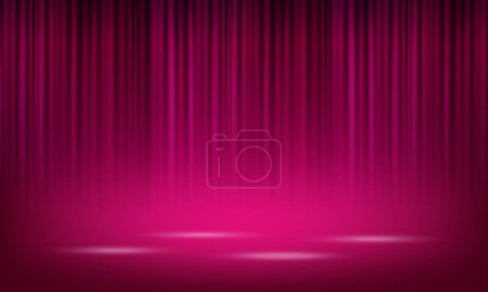 Vector realistic pink theatrical closed curtain of shiny material with reflection on stage floor vector illustration