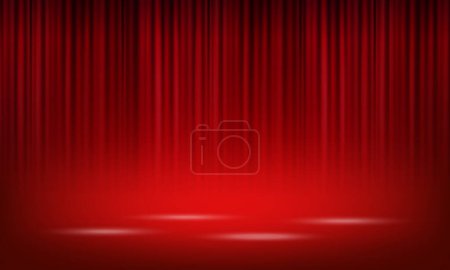 Vector realistic red theatrical closed curtain of shiny material with reflection on stage floor vector illustration