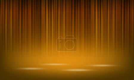 Vector realistic yellow theatrical closed curtain of shiny material with reflection on stage floor vector illustration