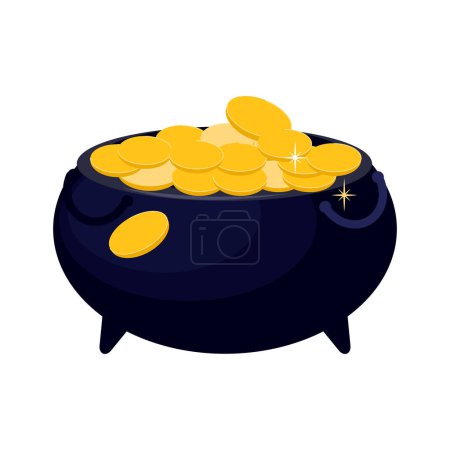 Vector cartoon treasure pot, cauldron with golden coins