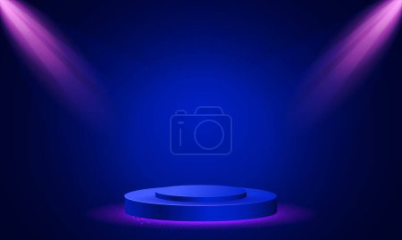 Vector stage podium with lighting, stage podium scene with for award ceremony on blue background