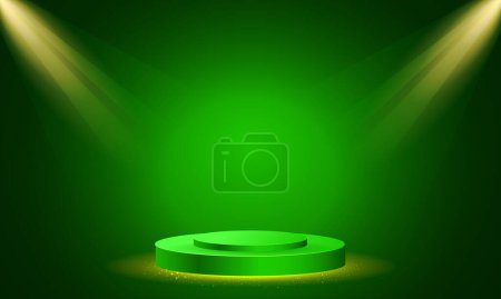 Vector stage podium with lighting, stage podium scene with for award ceremony on green background