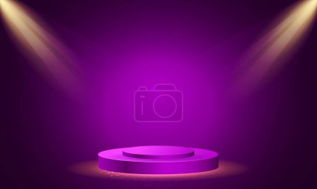 Vector stage podium with lighting, stage podium scene with for award ceremony on purple background