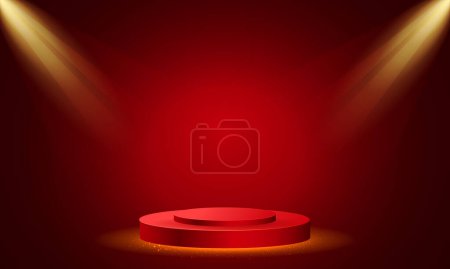 Vektor-Podium mit Beleuchtung, Bühne-Podiumsszene mit Preisverleihung auf rotem Hintergrund