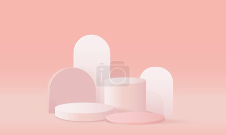 Téléchargez les illustrations : Vector abstrait minimaliste chambre 3d rose avec podium cylindre réaliste rose et blanc - en licence libre de droit