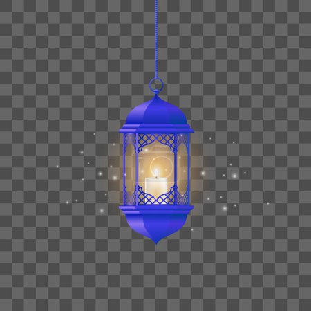Vector blue vintage luminous lanterns. arabic shining lamps. isolated hanging realistic lamps
