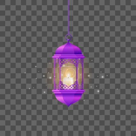 Vector purple vintage luminous lanterns. arabic shining lamps. isolated hanging realistic lamps