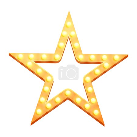 Téléchargez les illustrations : Vecteur rétro montrer le temps star frame signes illustration réaliste. doré cadre étoile avec ampoules électriques pour la performance - en licence libre de droit