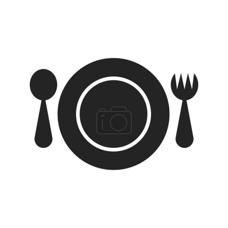Téléchargez les illustrations : Vecteur noir silhouette icône fourchette couteau cuillère et assiettes icône dîner - en licence libre de droit