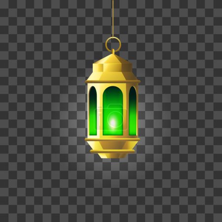 Lanternes lumineuses vintage vectorielles or et vert. lampes arabiques brillantes. lampes réalistes suspendues isolées