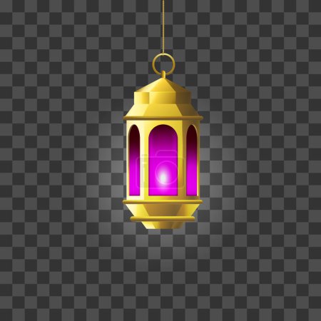Vector gold and purple vintage luminous lanterns. arabic shining lamps. isolated hanging realistic lamps
