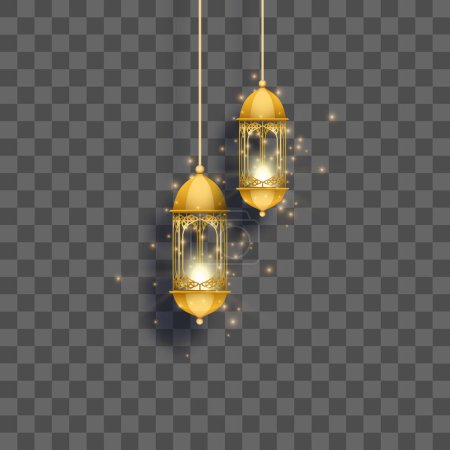 Lanternes lumineuses vintage en or vectoriel. lampes arabiques brillantes. lampes réalistes suspendues isolées
