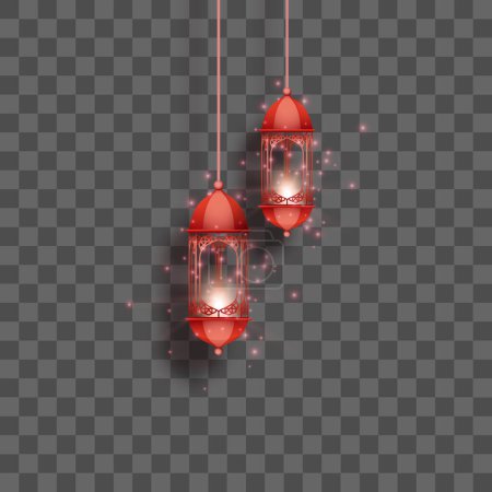 Vector red vintage luminous lanterns. arabic shining lamps. isolated hanging realistic lamps