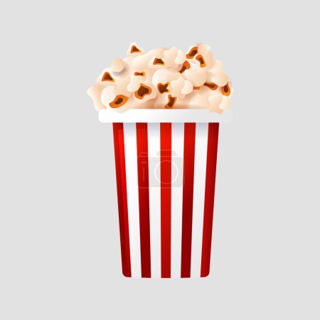 Vektor weiß und rot gestreifte Eimer mit Popcornkernen Nahaufnahme Seitenansicht isoliert auf grauem Hintergrund