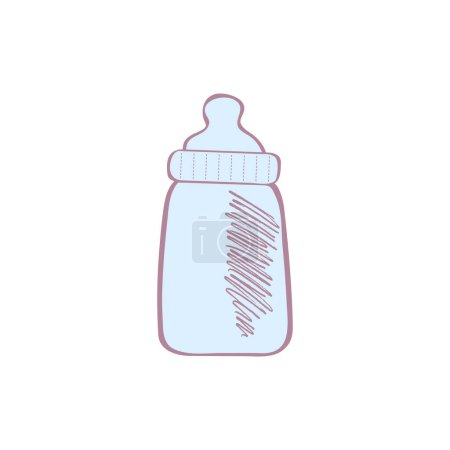 Botella vectorial para el recién nacido con un chupete dibujado a mano en estilo garabato