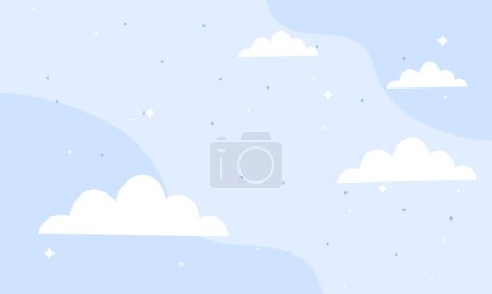 Vector blue fairytale sky background with stars. white and pastel color clouds for imaginary world