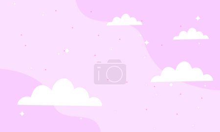 Vector pink fairytale sky background with stars. white and pastel color clouds for imaginary world