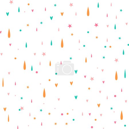 Vector cute hearts and watercolor rain drops sweet colorful pattern